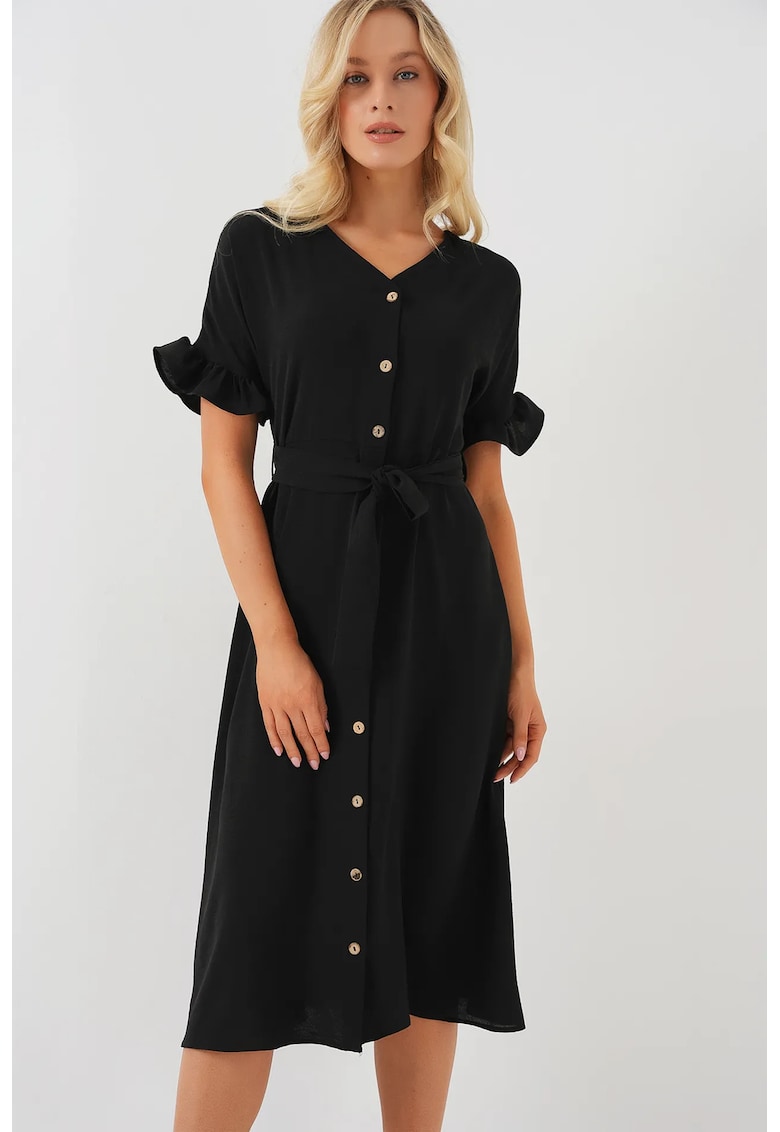 Rochie midi dama - poliester/elastan - HiCCUP - decolteu in V - negru
