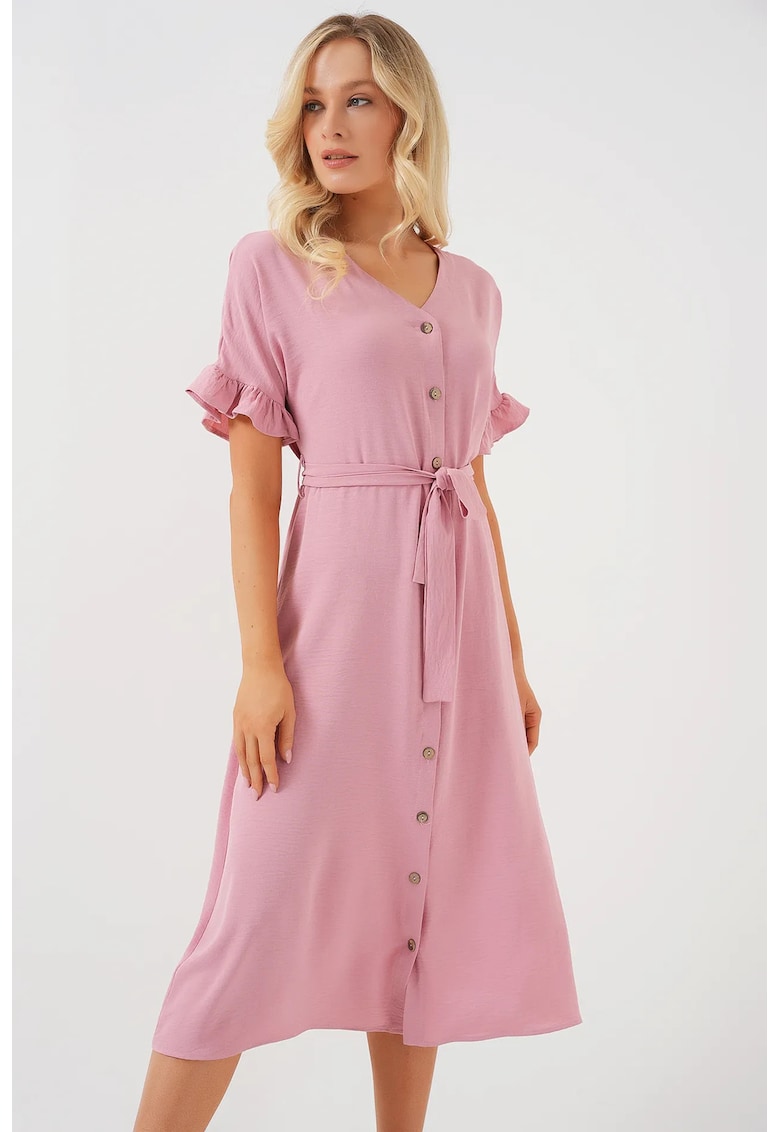 Rochie midi dama - poliester/elastan - HiCCUP - decolteu in V - roz