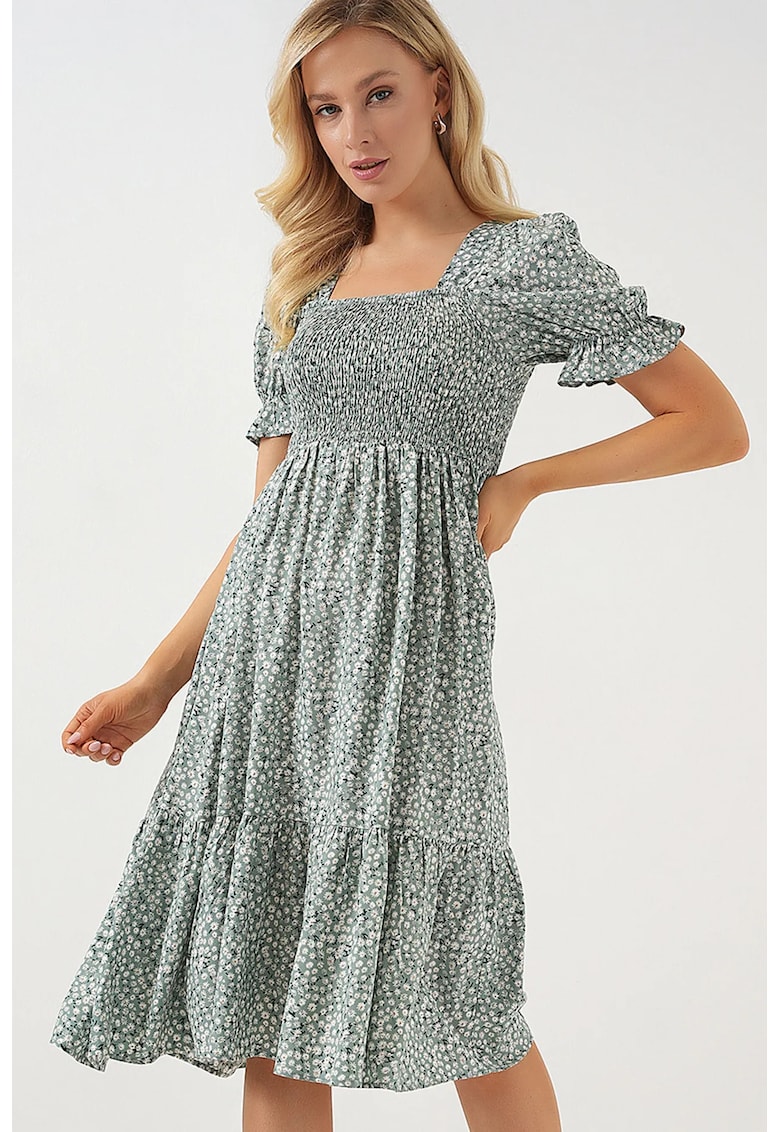 Rochie midi HiCCUP cu guler patrat - model floral - verde - textil - material subtire si respirabil