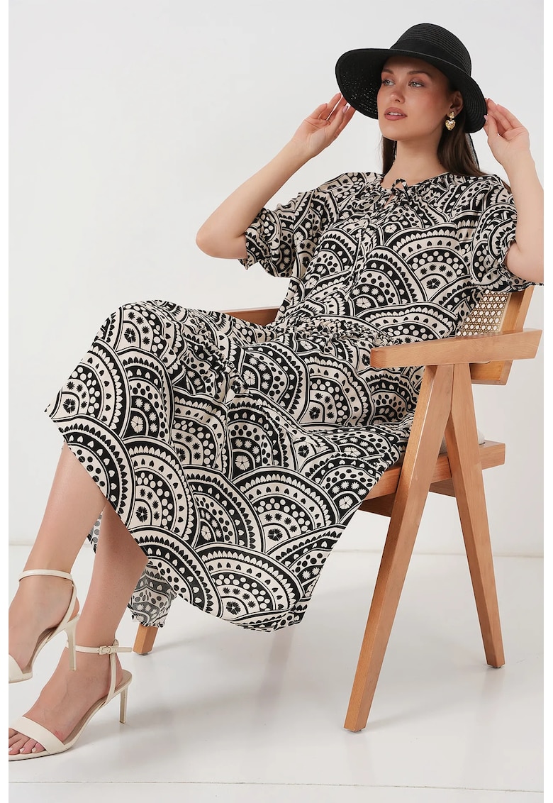 Rochie midi texturata cu papion - negru - viscoza