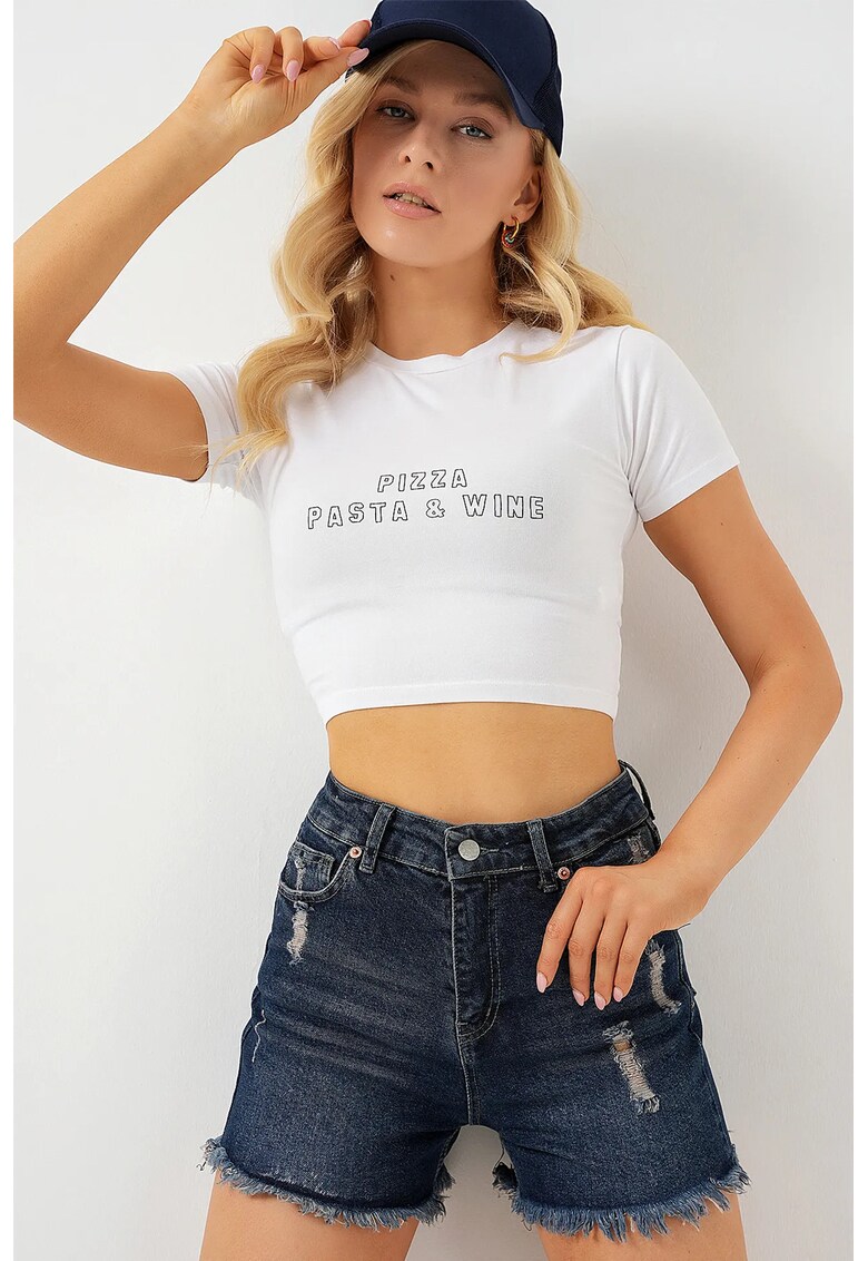 Pantaloni scurti din denim -  talie inalta - albastri - bumbac Pantaloni scurti din denim -  talie inalta - albastri - bumbac