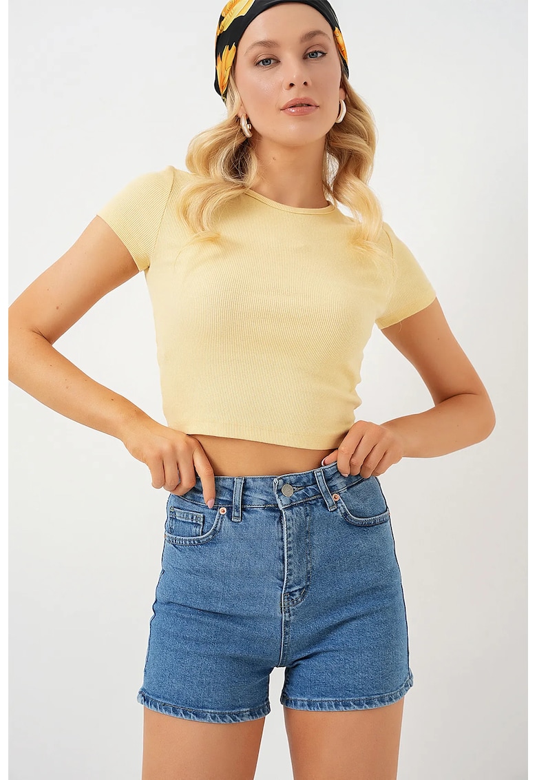 Pantaloni scurti dama - HiCCUP - talie inalta - albastru - bumbac