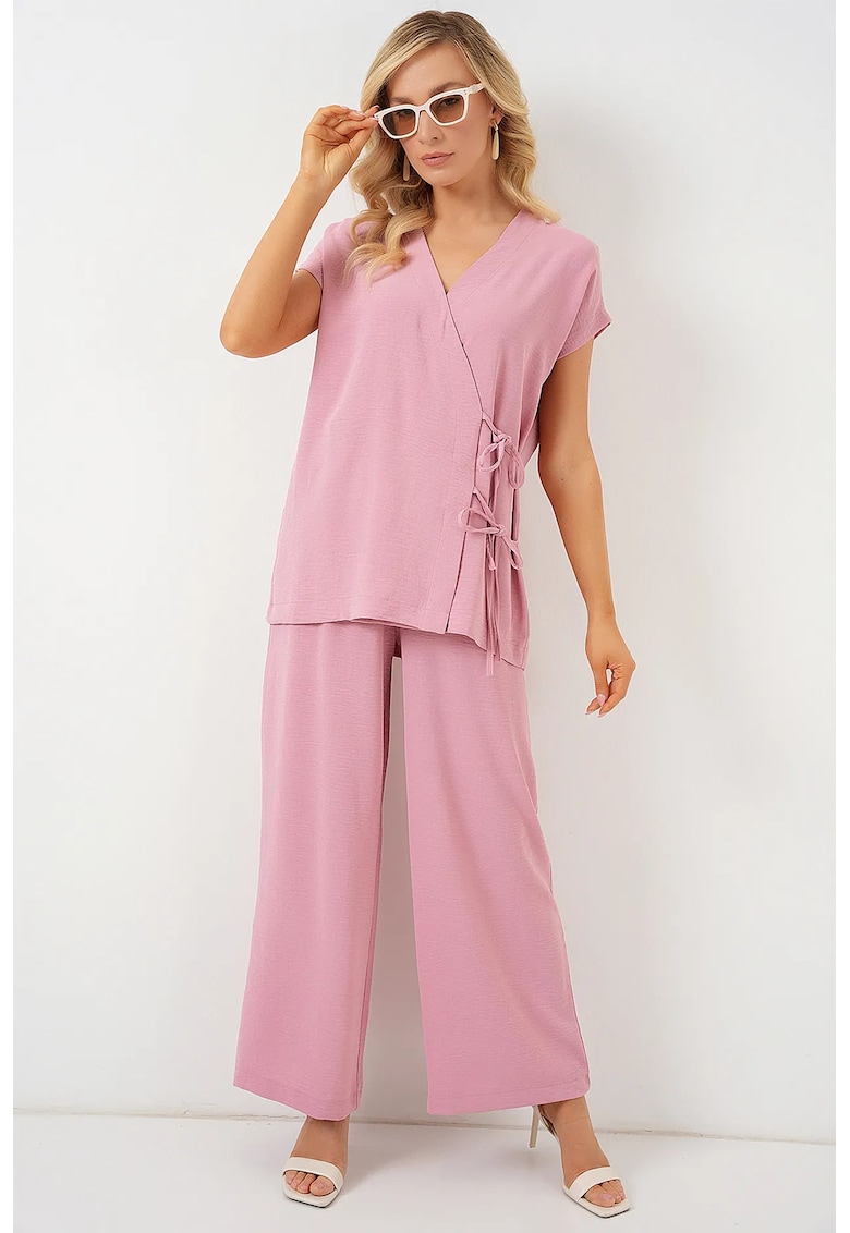 Compleu 2 piese dama - decolteu in V - poliester/elastan - roz