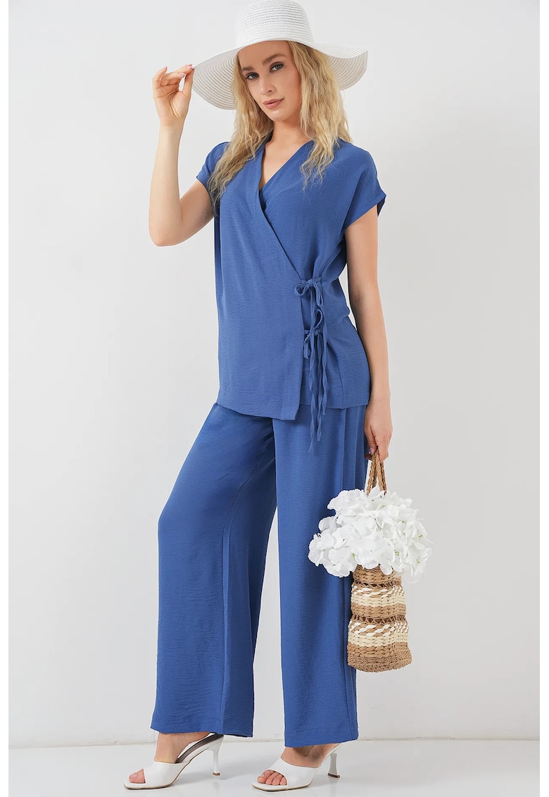 Compleu 2 piese dama - decolteu in V - poliester/elastan - albastru