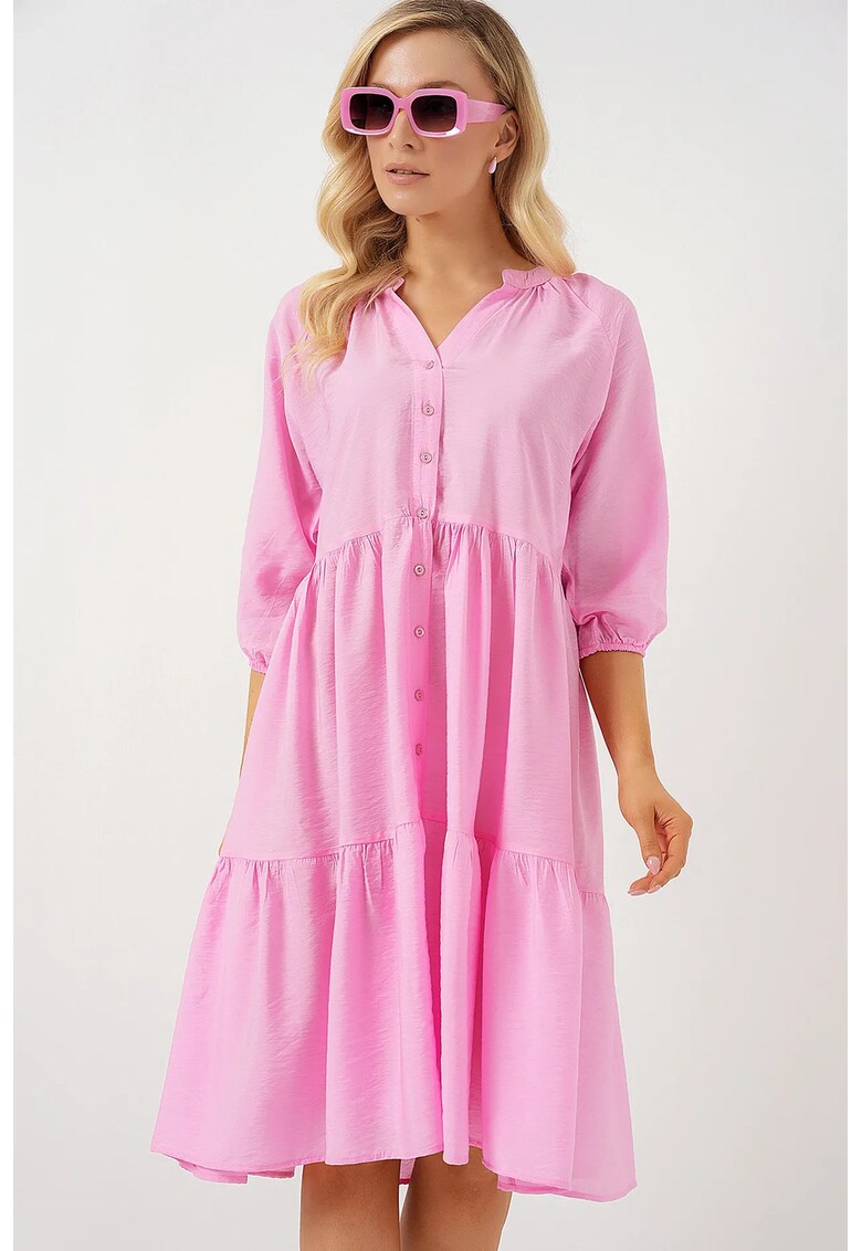 Rochie midi dama maneci trei sferturi - viscoza/nylon - roz