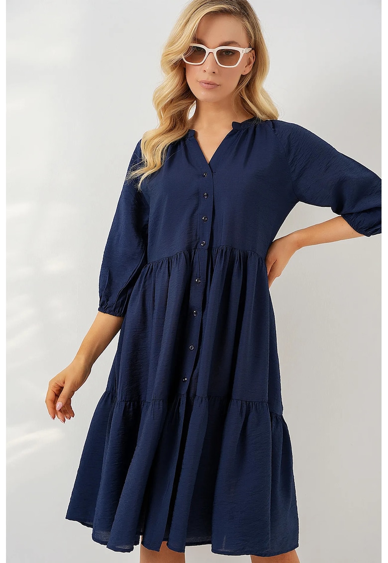 Rochie midi dama  maneci trei sferturi - viscoza/nylon - bleumarin