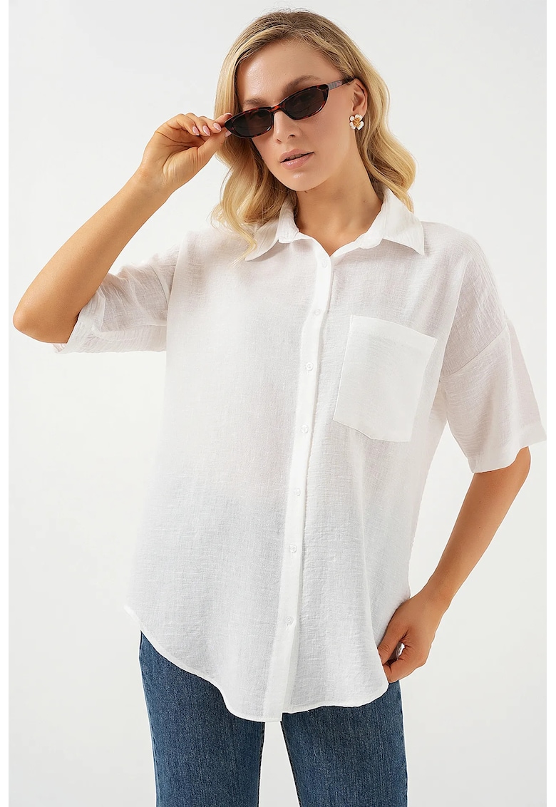 Camasa dama -  din amestec de in - alb - cu nasturi si buzunar