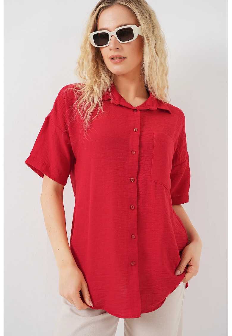 Camasa dama -  lejera - rosie - din amestec de in - cu nasturi si buzunar