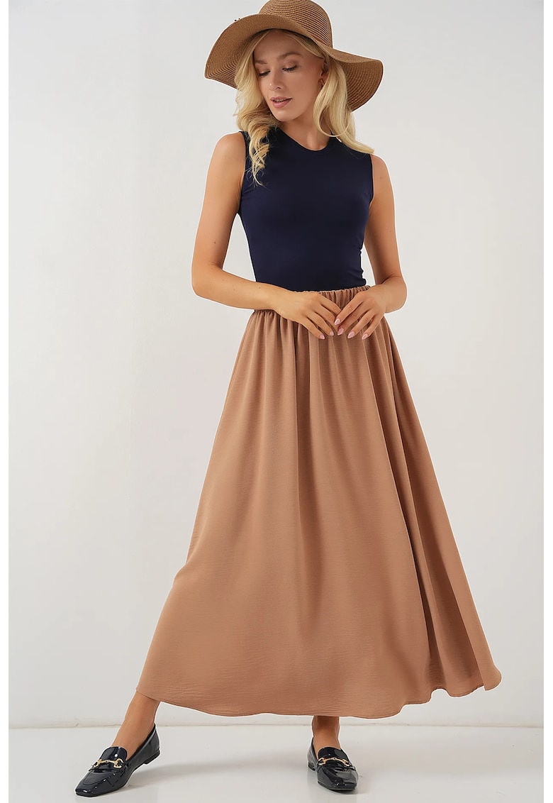 Fusta maxi texturata cu snur in talie - maro - poliester-elastan