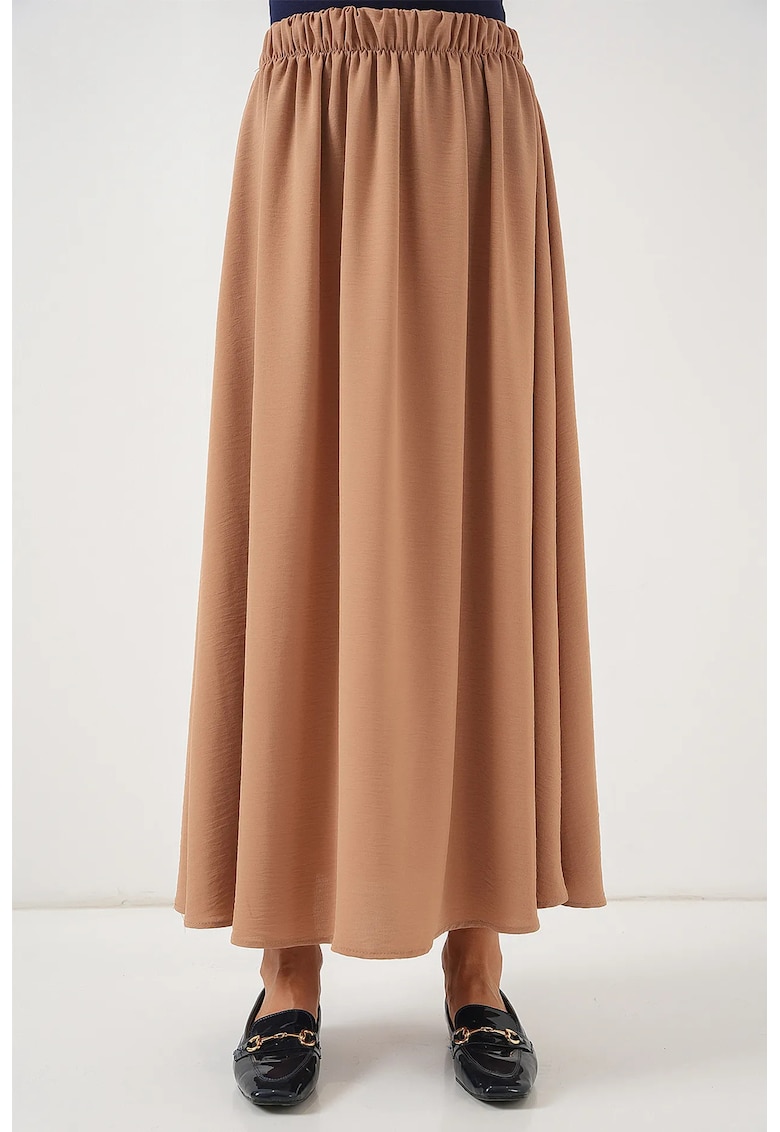 Fusta maxi texturata  cu snur in talie - maro - poliester-elastan