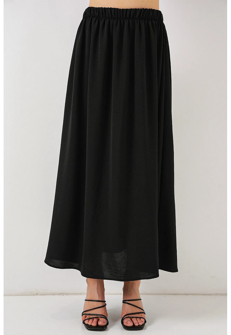 Fusta maxi texturata  cu snur in talie - neagra - poliester-elastan