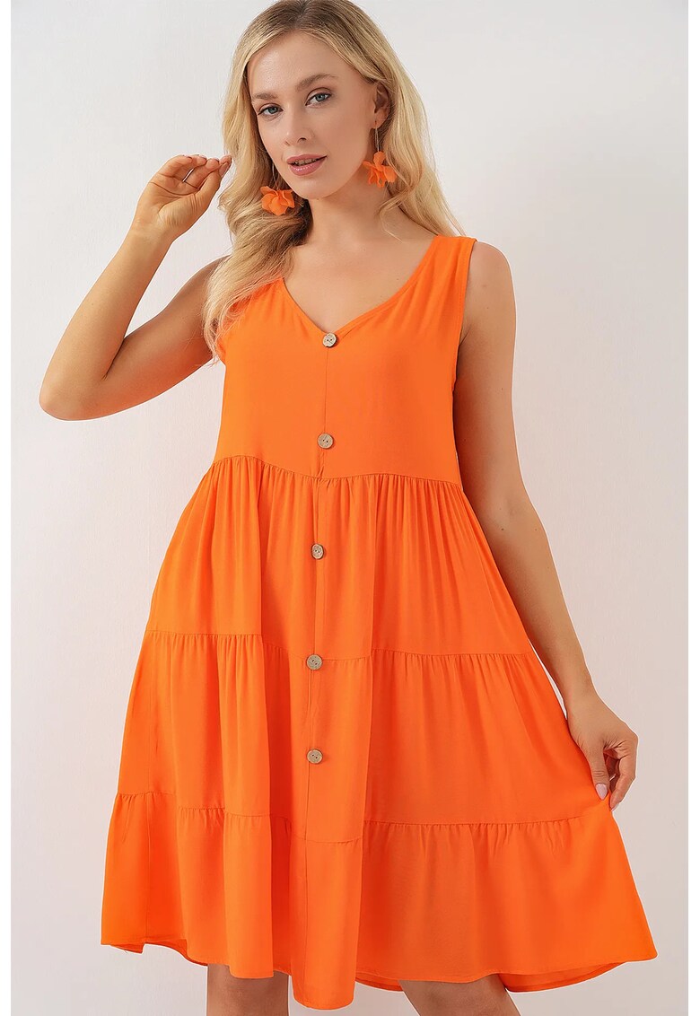 Rochie mini dama - fara maneci - decolteu in V - poliester/viscoza - Portocaliu stralucitor -