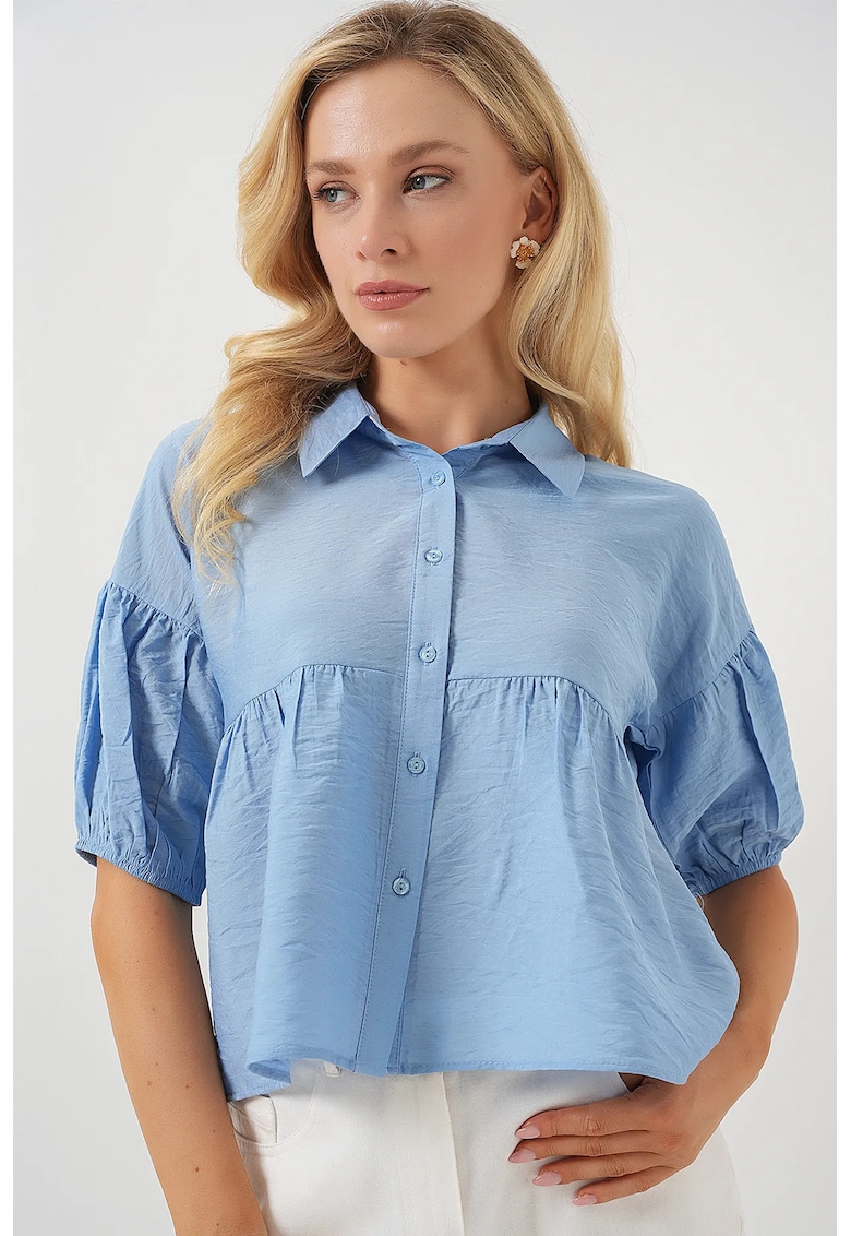 Camasa scurta croiala lejera - albastru - viscoza si nylon Camasa scurta croiala lejera - albastru - viscoza si nylon