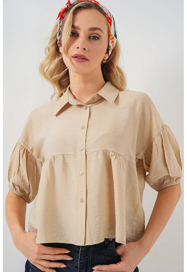 Camasa scurta HiCCUP - croiala lejera - bej - viscoza si nylon