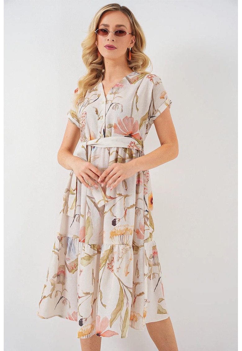 Rochie midi  cu decolteu in V si funda - bej - viscoza si in