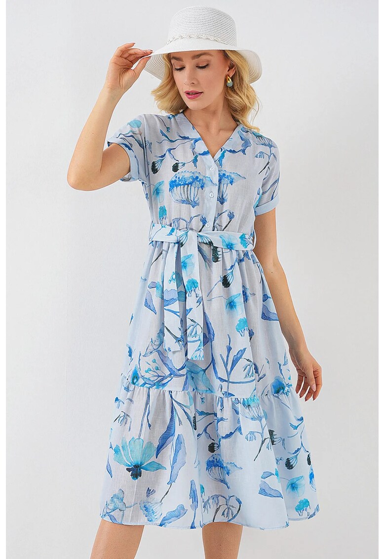 Rochie midi HiCCUP cu decolteu in V si funda - albastru - viscoza si in