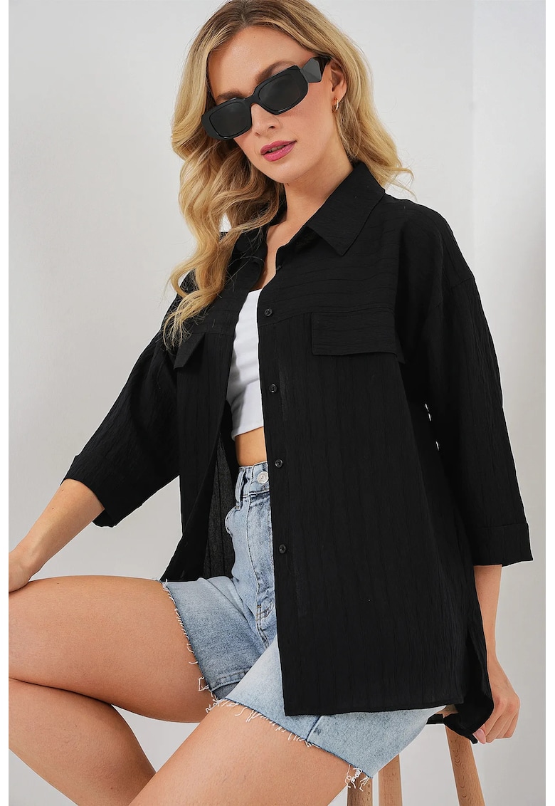 Camasa dama BDART - crep texturat - maneca scurta - negru