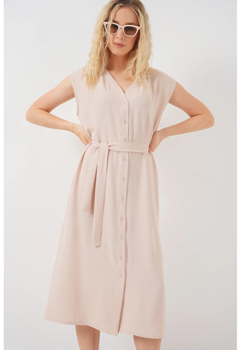 Rochie midi - HiCCUP - texturata - decolteu in V - bej - textil