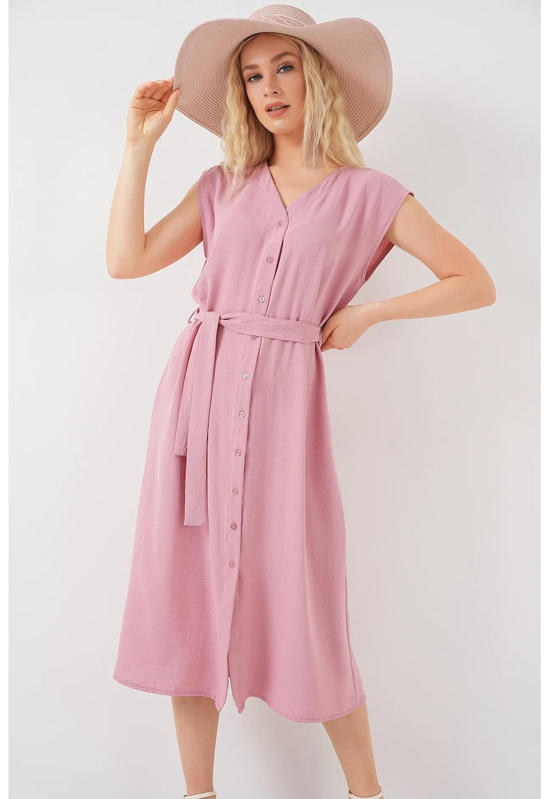 Rochie midi dama - poliester/elastan - HiCCUP - decolteu V - roz
