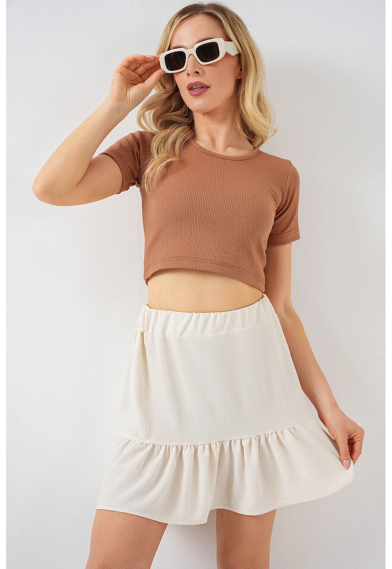 Fusta mini texturata  bej - poliester si elastan