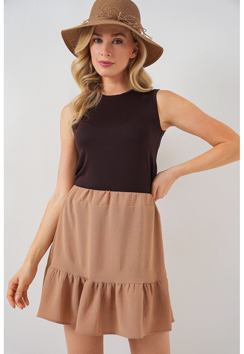 Fusta mini texturata  maro - poliester si elastan