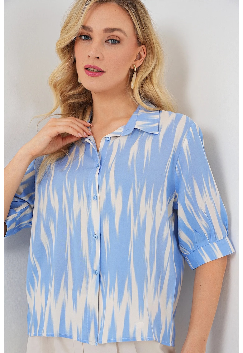 Camasa dama BDART - cu imprimeu - albastru - bumbac