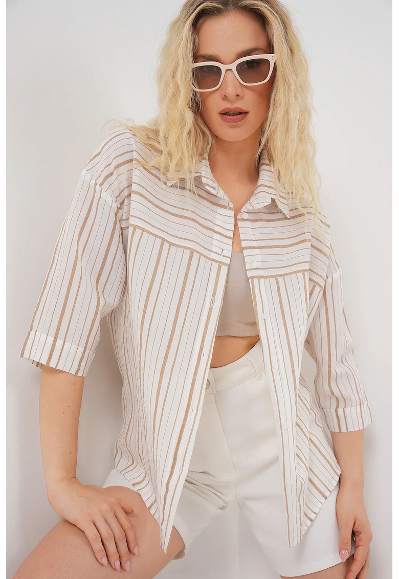 Camasa dama - din poplin cu dungi - maneci trei sferturi - bej - bumbac