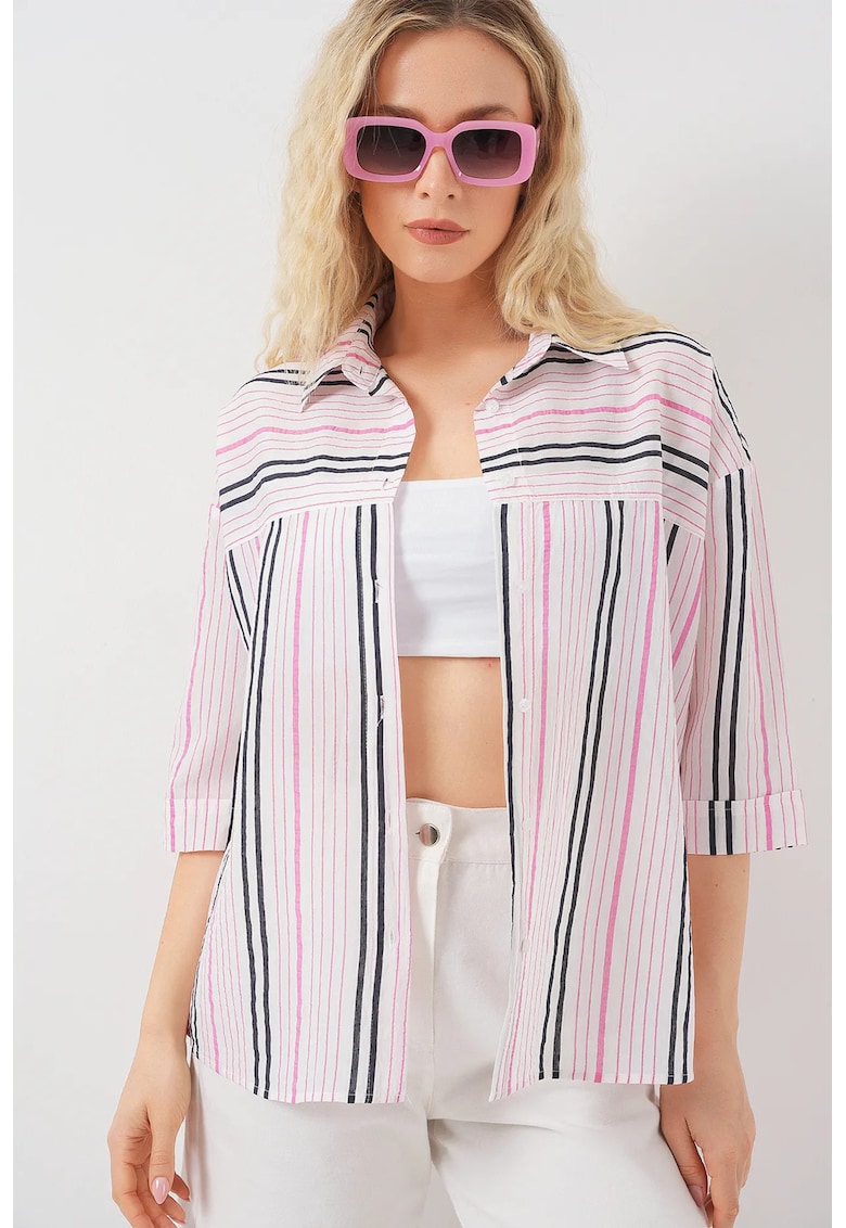Camasa din poplin cu dungi - maneci trei sferturi - roz - bumbac