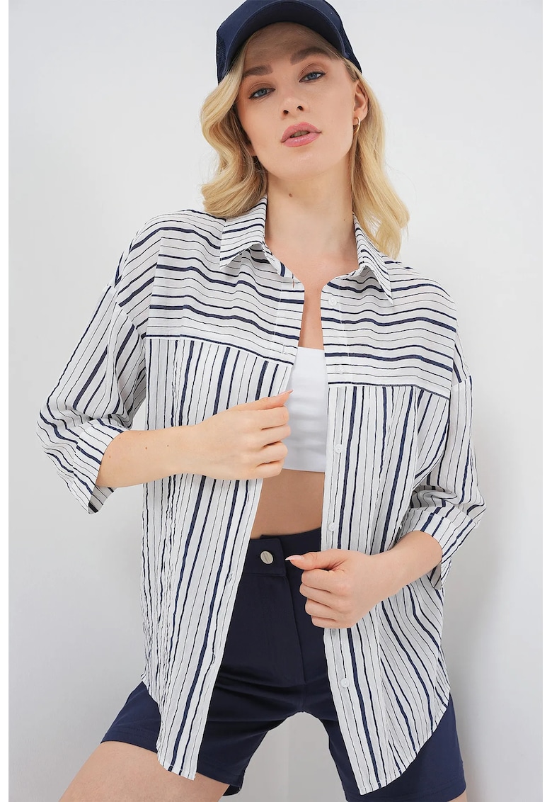 Camasa dama - din poplin cu dungi - maneci trei sferturi - negru - bumbac