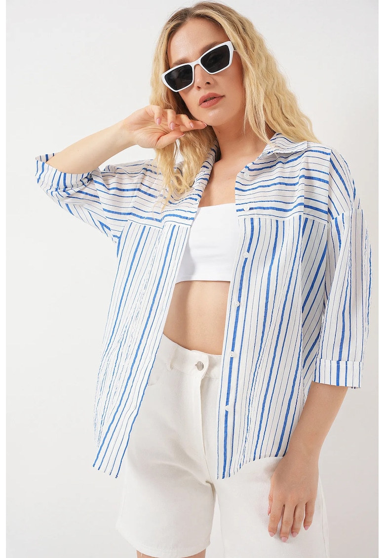 Camasa dama - din poplin - maneci trei sferturi - albastru - bumbac