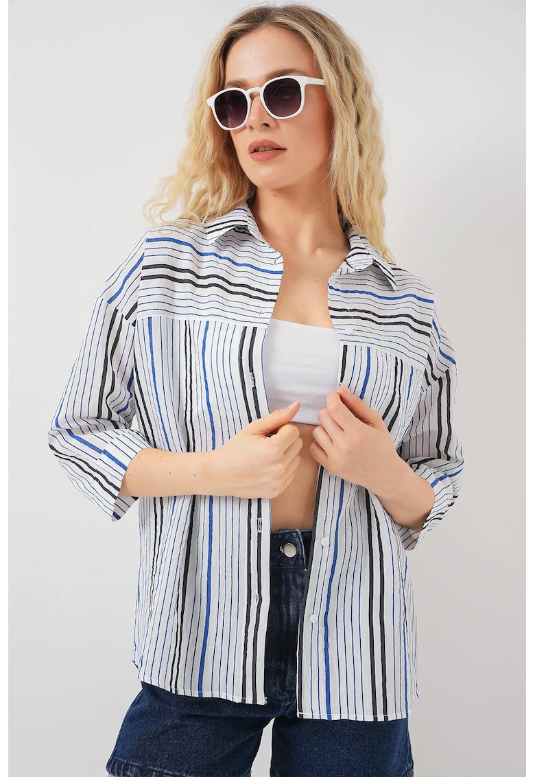 Camasa dama - HiCCUP - cu dungi - maneci trei sferturi - albastru - bumbac