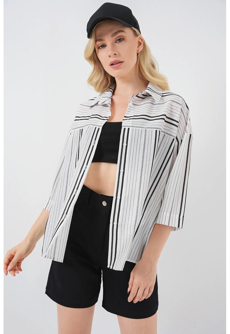 Camasa din poplin cu dungi - maneci trei sferturi - negru - bumbac