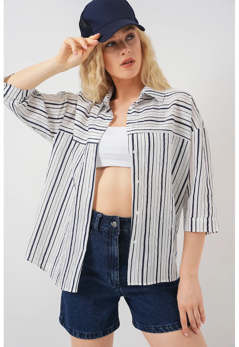Camasa dama - din poplin - cu dungi - albastru - bumbac