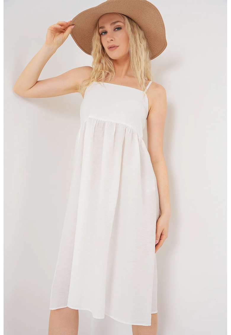 Rochie midi dama - HiCCUP - cu decolteu patrat - viscoza/nylon - alb