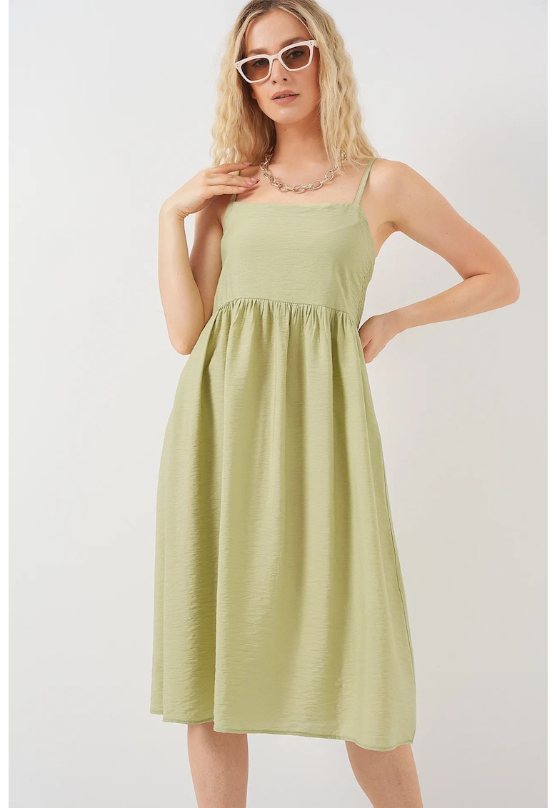 Rochie midi dama - HiCCUP - cu decolteu patrat - viscoza/nylon - verde