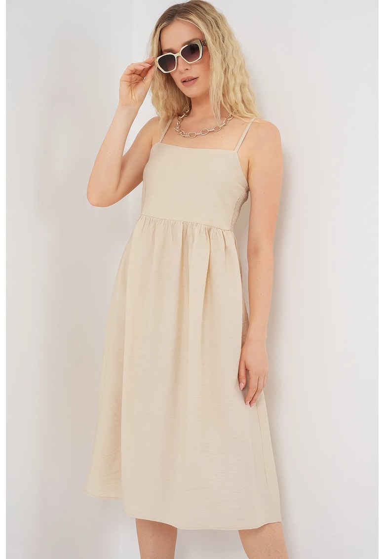 Rochie midi dama - HiCCUP - cu decolteu patrat - viscoza/nylon - bej