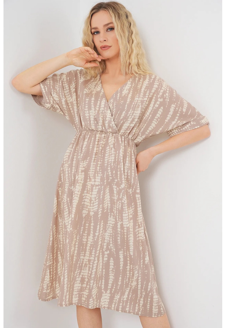 Rochie midi dama - HiCCUP cu decolteu in V - viscoza - bej