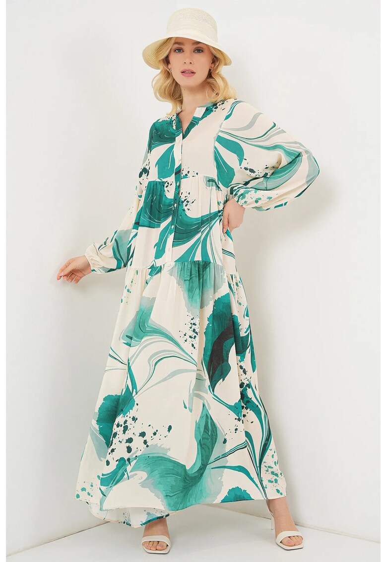 Rochie maxi dama - HiCCUP - viscoza - decolteu in V - lejera - bej/verde