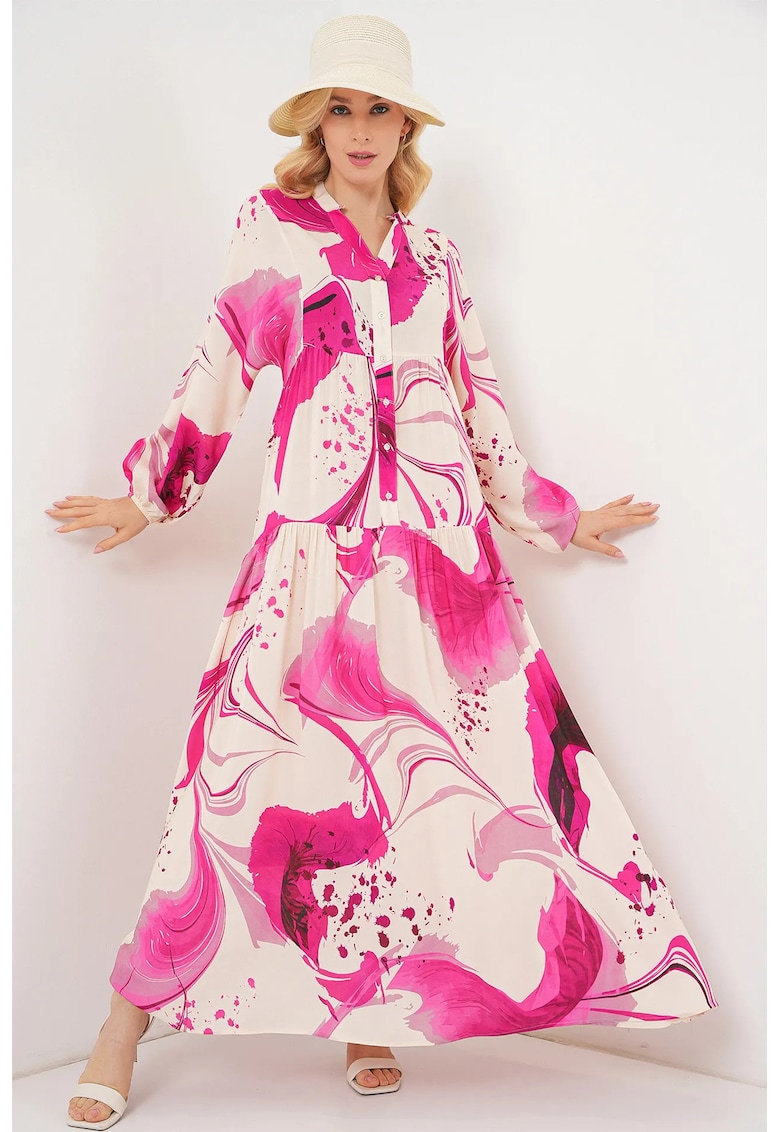 Rochie maxi cu imprimeu - decolteu in V - roz - viscoza