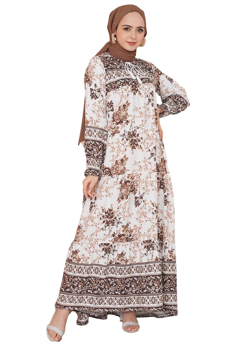 Rochie maxi dama -  cu imprimeu - inchidere cu snur - viscoza - alb/maro
