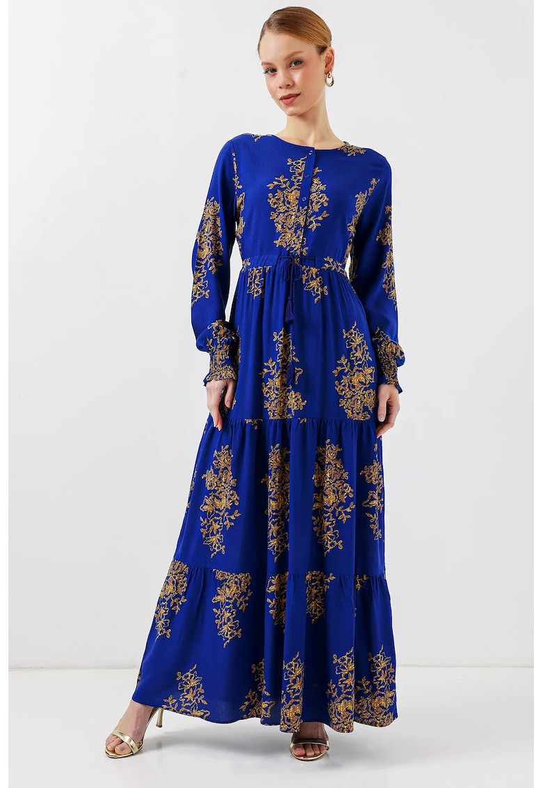 Rochie maxi -  florala - guler rotund - albastru - textil -