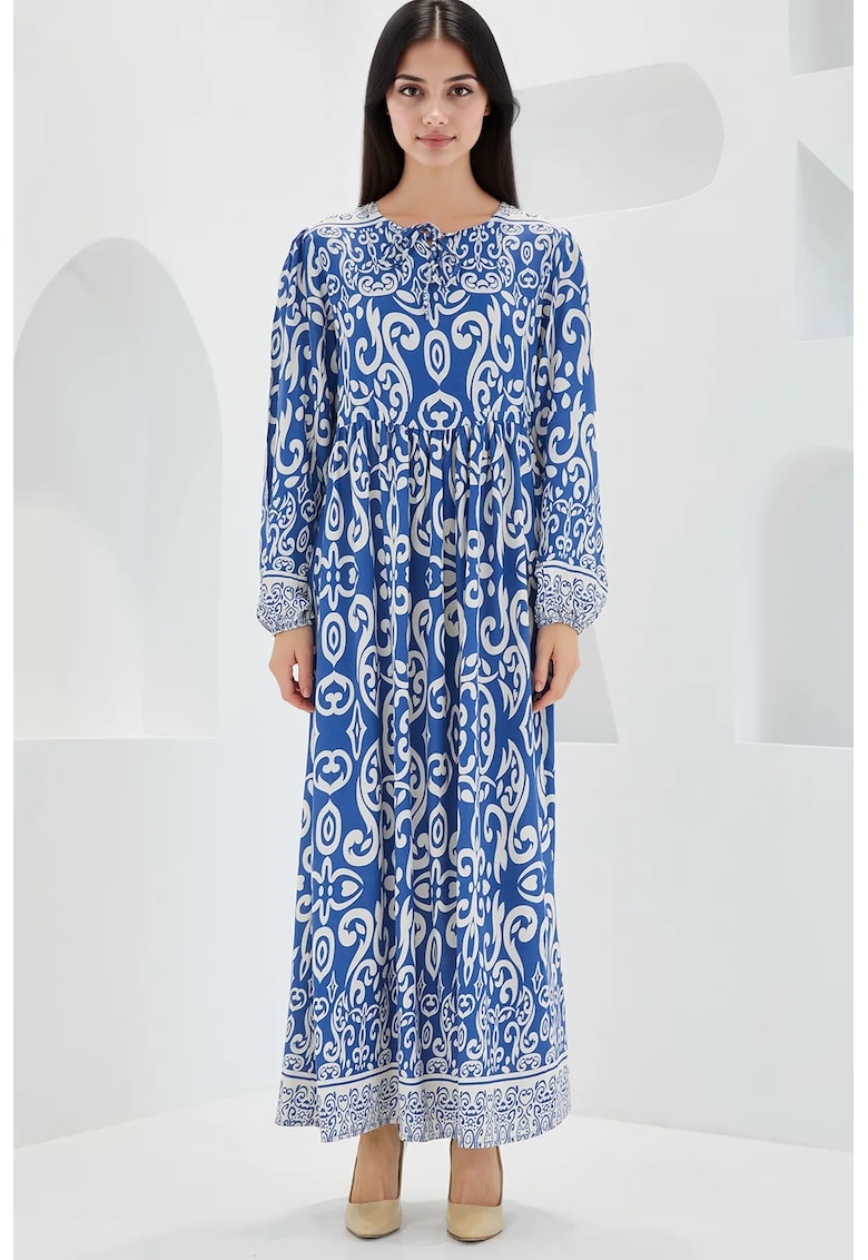 Rochie maxi dama -  cu imprimeu - inchidere cu snur - viscoza - alb/albastru