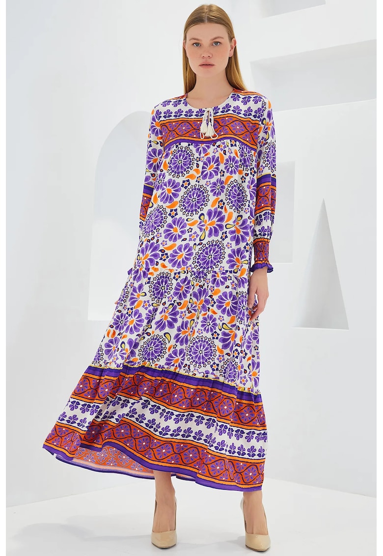 Rochie maxi dama imprimeu - inchidere cu snur - viscoza - multicolor