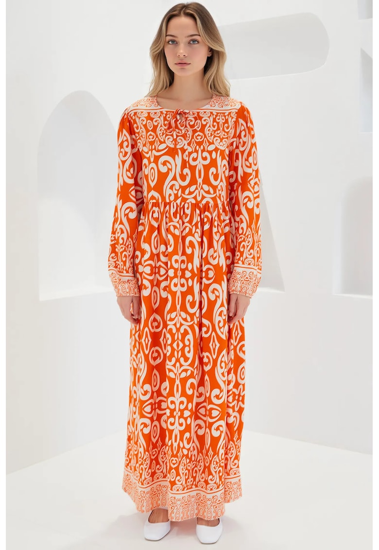 Rochie maxi dama -  cu imprimeu - inchidere cu snur - viscoza - portocaliu/bej
