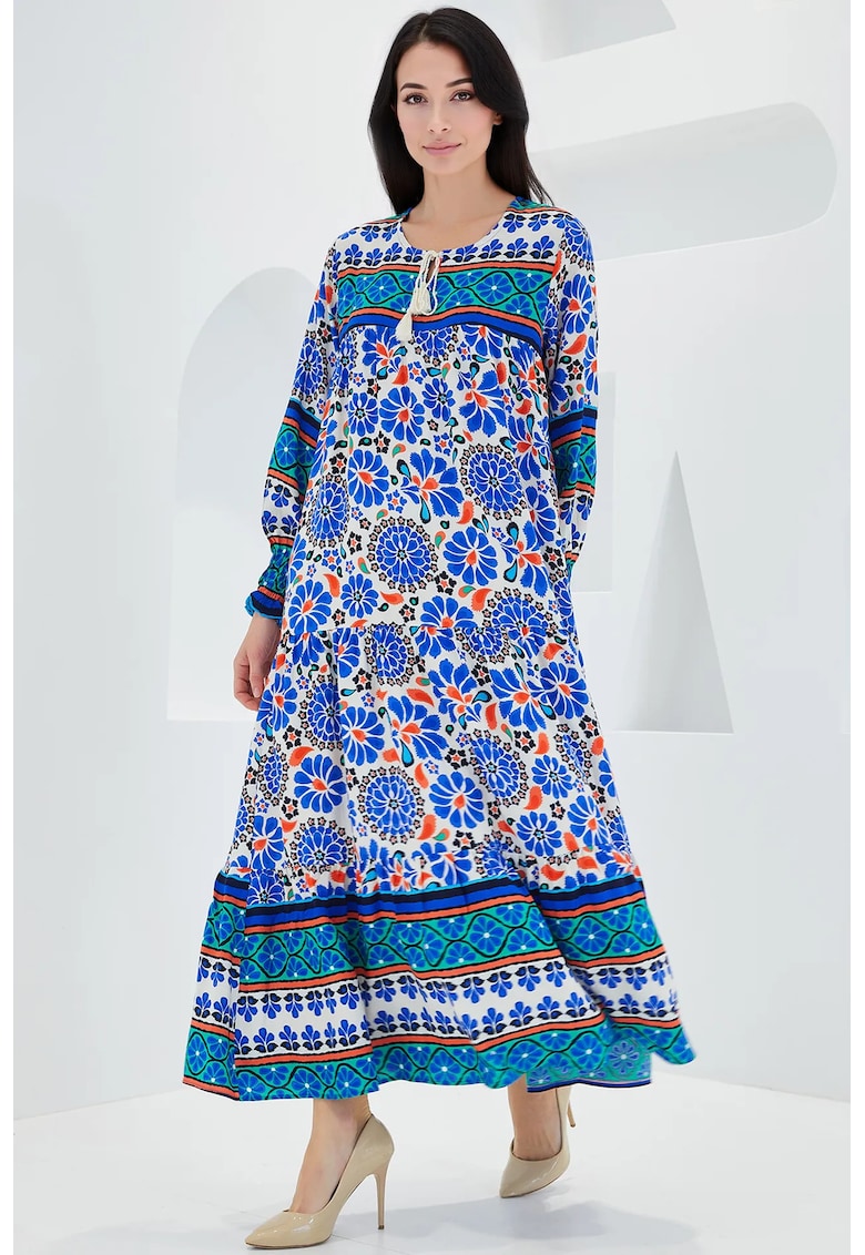 Rochie maxi dama - cu imprimeu - inchidere snur - viscoza - multicolor