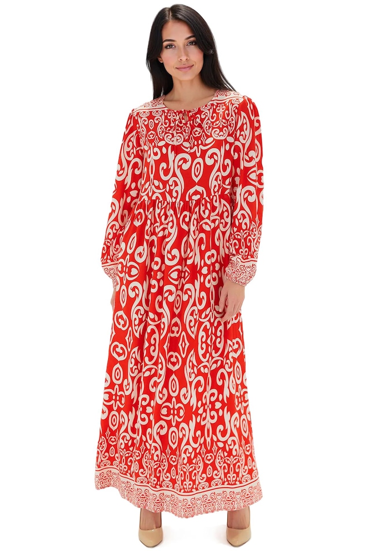 Rochie maxi dama -  cu imprimeu - inchidere cu snur - viscoza - rosu/bej