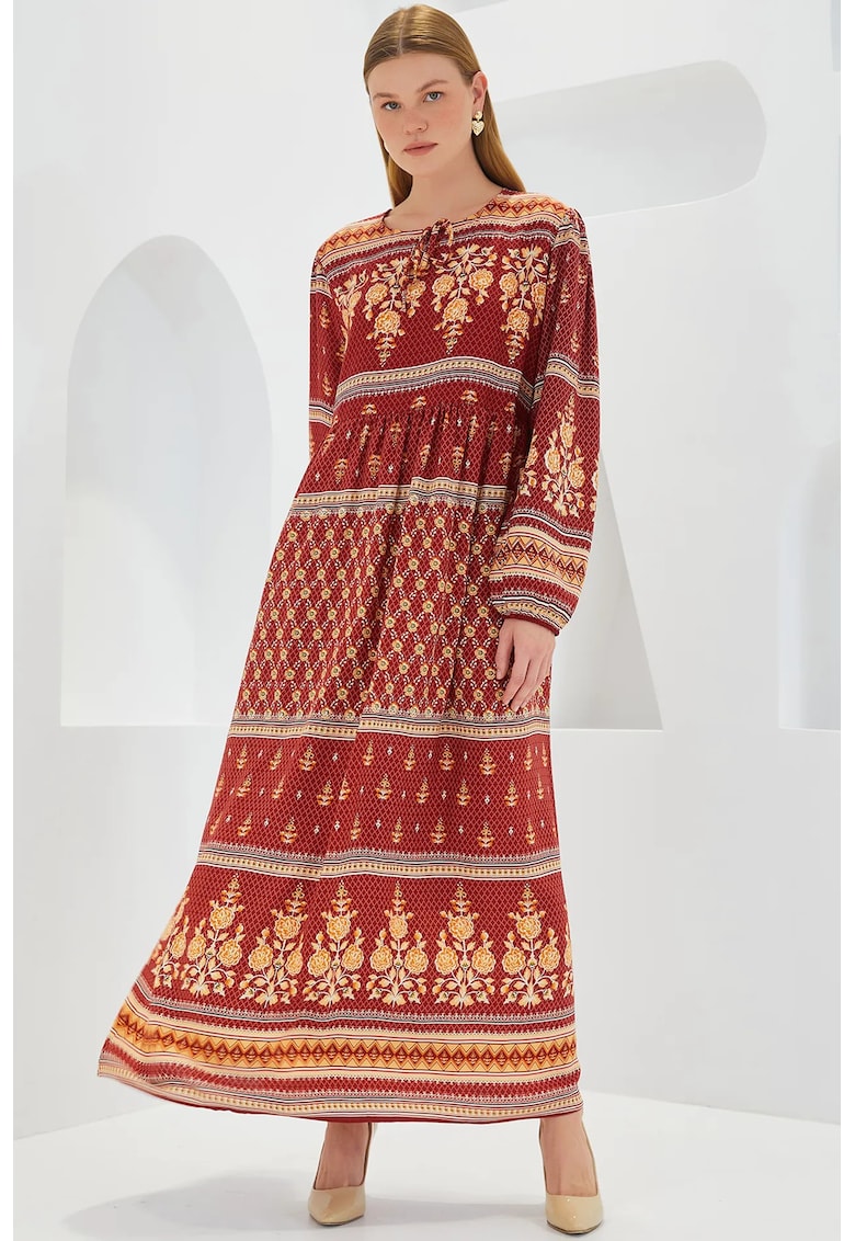 Rochie maxi dama - cu imprimeu - inchidere cu snur - viscoza - bej/rosu