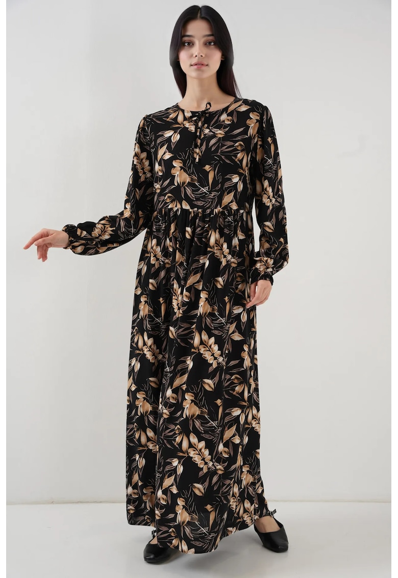 Rochie maxi dama - cu imprimeu - inchidere cu snur - viscoza - negru/bej