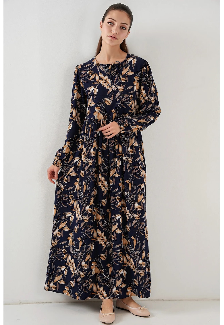 Rochie maxi dama -  cu imprimeu - inchidere cu snur - viscoza - bleumarin/bej