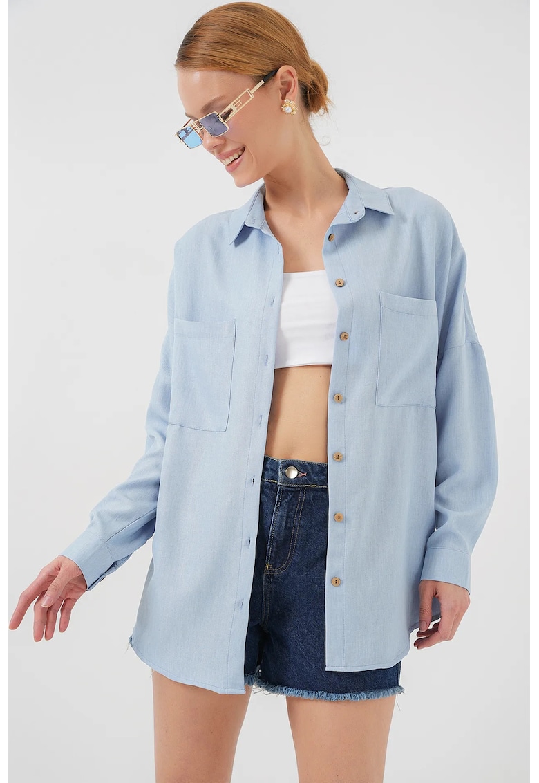 Camasa HiCCUP supradimensionata cu maneca lunga - albastra - in si viscoza